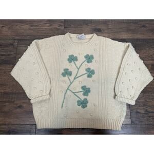 Cooleen Knitwear Pure New Wool Irish Fisherman Sweater Shamrocks Ireland Sz L